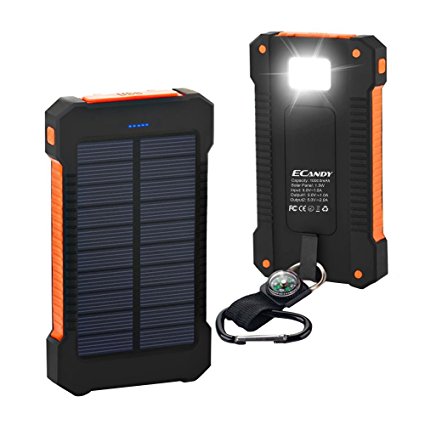 Ecandy Portable 10000mAh Solar Battery Charger Waterproof Dustproof Shockproof Power Bank Dual USB Port with LED Lighting and SOS Function for iPhone Samsung iPad Tablet (Orange)