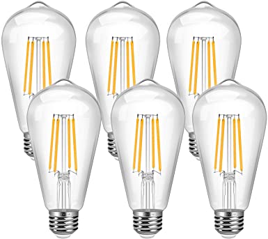 Vintage LED Edison Bulb 6W Equivalent 60W 6 Pack ST64 LED Edison Bulb Warm White 2700K Antique LED Filament Bulb 900LM Smooth Dimming Vintage Style Clear Glass LED Bulb for Decorate Bedroom Office