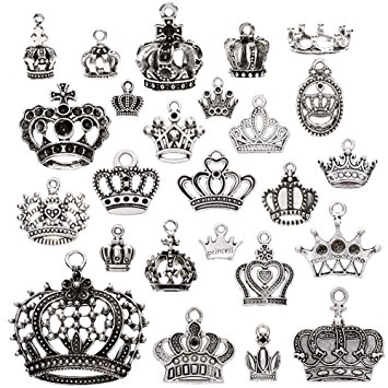 KeyZone Wholesale 25 Pcs Vintage Silver Plated Mixed Crown Charms Pendants DIY for Jewelry Making and Crafting