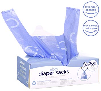 Ubbi Disposable Diaper Sacks, Lavender scented, Easy-To-Tie Tabs, Made with Recycled Material, To Use at Home or On-The-Go, 200 counts