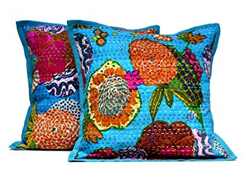 2 Blue Indian Handmade Pillowcase Kantha Floral Throw Pillow Toss Cushion Covers