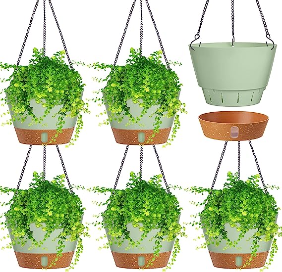 6 Pcs Hanging Planter for Indoor and Outdoor Plants 8 Inch Hanging Pot with Visible Water Level Tray Hanging Planter Basket with Drainage Hole with Hooks Self Watering Hanging Pots for Garden (Green)