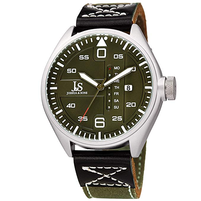 Joshua & Son’s JX145 Designer Men’s Watch – Canvas Over Genuine Leather Strap with Contrast Stitching, Date and Special Day Display, Quartz Movement