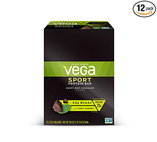 Vega Sport Protein Bar Crispy Mint Chocolate (12 Count) - Plant Based Vegan protein, Non Dairy, Gluten Free, Non GMO