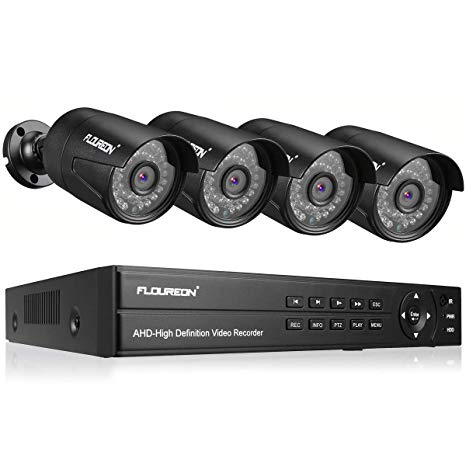 FLOUREON 8CH 5-IN-1 Security Camera System 1080N AHD Video DVR Recorder with 4X HD 3000TVL 2.0MP CMOS Lens 1080P Indoor Outdoor Weatherproof CCTV Cameras, Night Vision, Easy Remote Access, Motion Aler