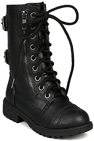 Soda Girls Kids Dome-2S Lace Up Military Combat Boots,Black,2