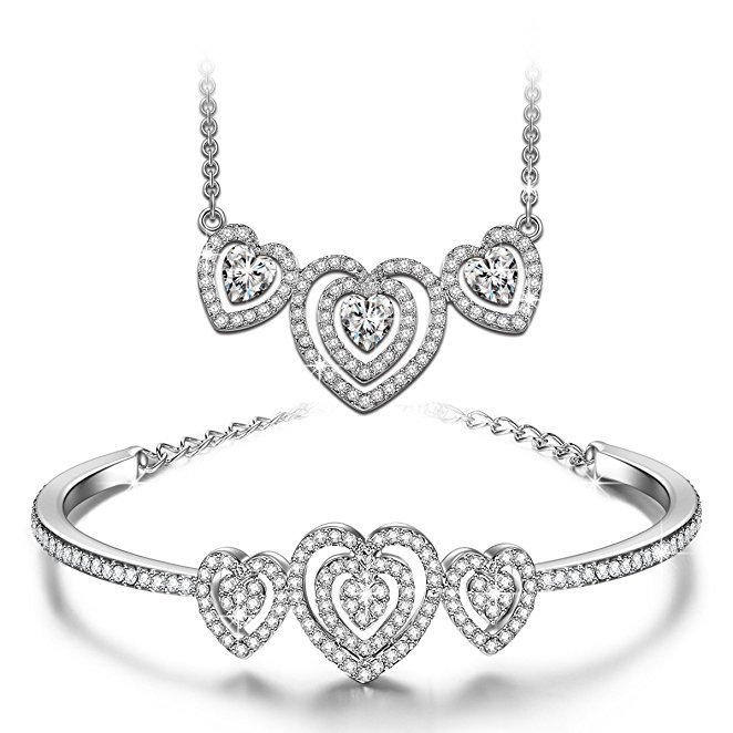 J.NINA "Loving Song" Made with Swarovski Crystals Silver Plated Heart Design Necklace with Matching Bracelet Jewelry Set