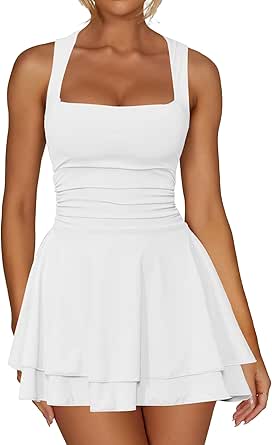 Kaximil Women's Square Neck Ruffle Hem Mini Dress Ruched Waist Short Party Dresses