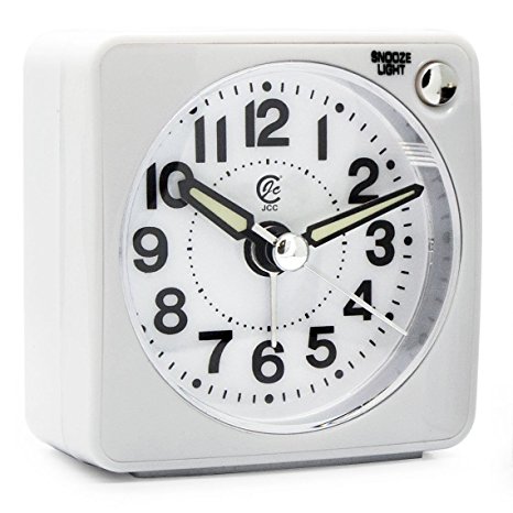 JCC Mini Travel Analog Alarm Clock, Non-Ticking - Battery Operated, Quartz Clock with 5 min Snooze - Loud Ascending Sound - Alarm Clocks with Night Light for Traveling, Backpacking, and Camping - Round White