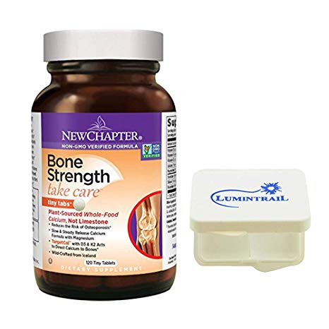 New Chapter Bone Strength Calcium Supplement with Vitamin K2, D3-120 Tiny Tabs Bundle with a Lumintrail Pill Case