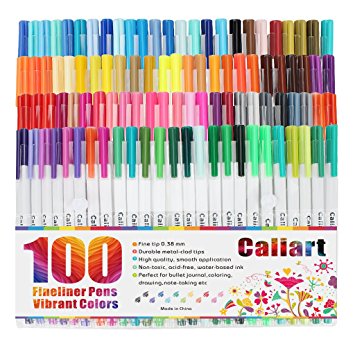 Caliart Fineliner Pens 100 Colors Fine line Drawing Pen Set, 0.38mm Fine Point Markers for Planner Drawing Writing Coloring Book Bullet Journal Art Projects