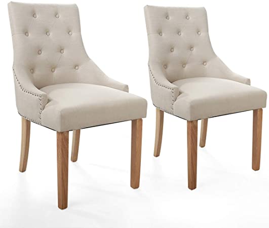 JAXPETY Set of 2 Elegant Fabric Accent Wood Dining Chairs, Upholstered Button Tufted Pattern, Soft Cushion w/Nail Heads for Kitchen, Living Room and Restaurant (2-Pack, Beige)