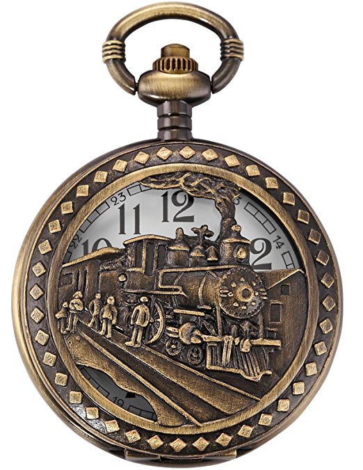 AMPM24 Skeleton Mens Steam Train Copper Dangle Pendant Quartz Pocket Watch with Chain WPK100