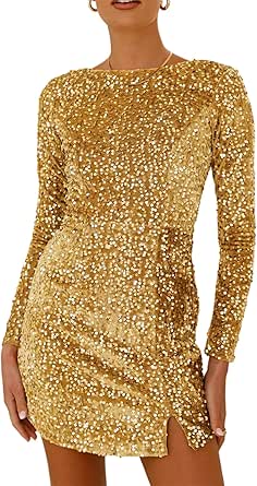 R.Vivimos Women's Sequin Bodycon Dress Fall Winter Velvet Warm Long Sleeve Crew Neck Sexy Backless Glitter Slit Mini Dress