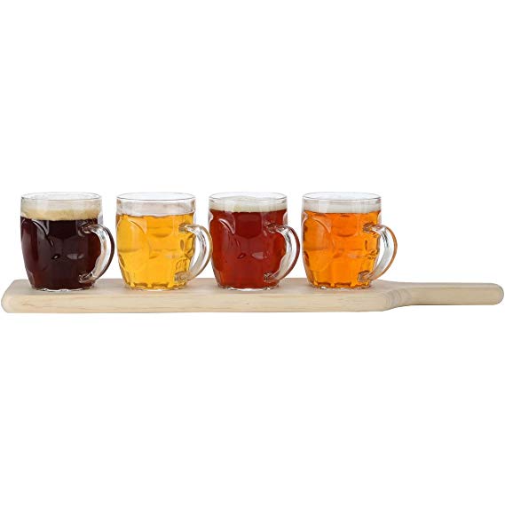 Lily's Home Beer Flight Paddle and Sample Tasting Set, Includes 4 Dimple Beer Mugs with 1 Attractive Wooden Tray, Best for Beer Lovers, Home Brewers (8 Oz. Each Glass, Set of 4)