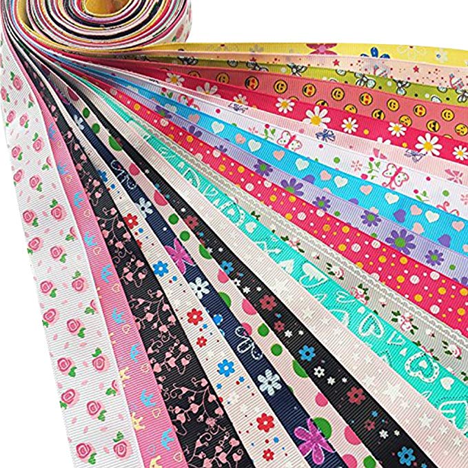 Dandan DIY Assorted 20 Yards Grosgrain Ribbon Bow Daisy Butterfly Cake Love Heart Dots Flower Rose Smile Face Craft DIY Gift Packing hair bow accessory
