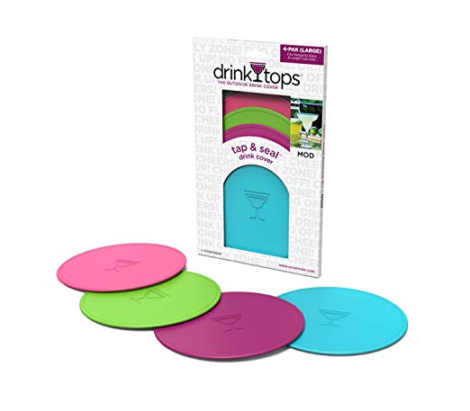 Drink Tops MOD Large Tap and Seal Outdoor Drink Covers, 4pk- Summer Crush, Gently Suctions to Glasses Keeping Bugs Out, Aromas In, and Reduces Splashing