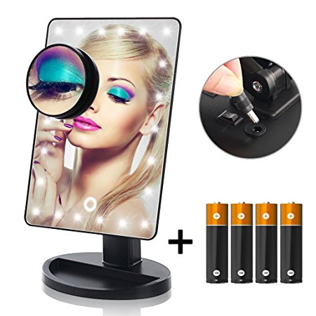 Touch Screen 24 LED Lighted Makeup Mirror with Removable 10x Magnifying Mirrors, Include AA Batteries (4 Pack) (Black)