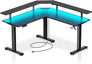 Rolanstar Standing Desk L Shaped with LED Light and Power Outlet, Electric Height Adjustable Desk with Monitor Stand, Sit Stand Up Desk, Computer Office Desk, Carbon Fiber