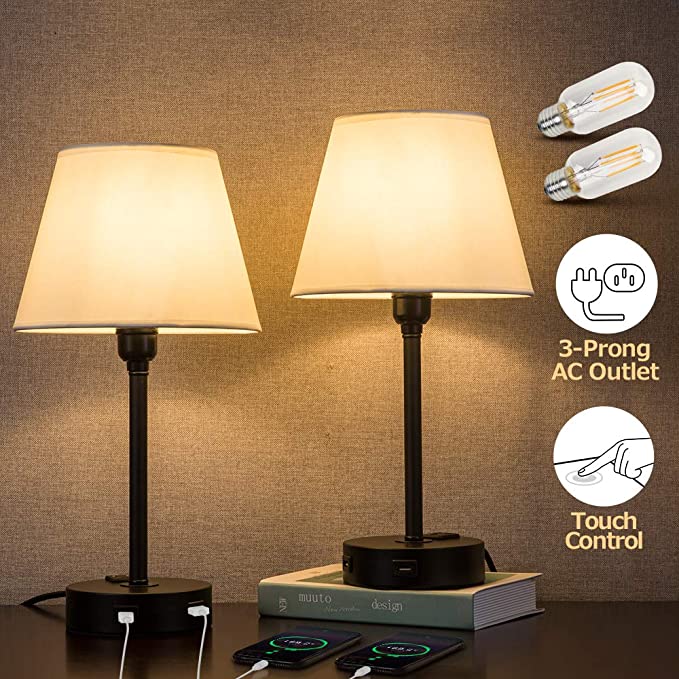 ZEEFO Touch Control Table Lamp Built in Dual USB Ports & AC Outlet, White Fabric Shade 3 Way Dimmable USB Nightstand Lamp,Two Edison LED Bulbs Included Bedside Lamps for Bedroom, Living Room (2 Pack)