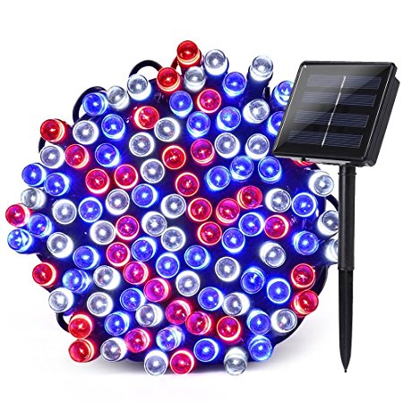 Qedertek Solar Christmas Lights, 72ft 200 LED 8 Modes Patriotic String Lights, Red White Blue String Lights Corresponding with Star-Spangled Banner, Holiday Lights for Xmas, Party Decor(Multi Color)