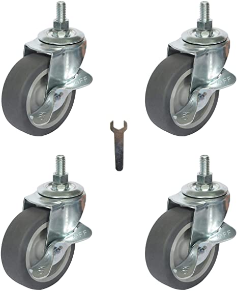 Mysit Caster Wheels, 4 Pack M8x25mm Metric Threaded Stem Casters, 3 Inch Heavy Duty Rubber Wheels Industrial Castors with Lock, Replacement for Carts Furniture Dolly Workbench Trolley(BS75TPR_8x25)