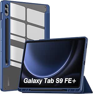 MoKo Case Fits Samsung Galaxy Tab S9 FE Plus 12.4-Inch 2023 (SM-X610/SM-X616), Lightweight Tablet Trifold Cover Case Transparent TPU   PC Back Shell with Pen Holder Slot/Auto-Wake, Navy Blue