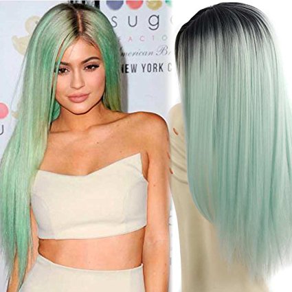 Synthetic Wigs Long Straight Ombre Wig Heat Resistant Fiber Mint Green Black Roots Full Wigs for Woman