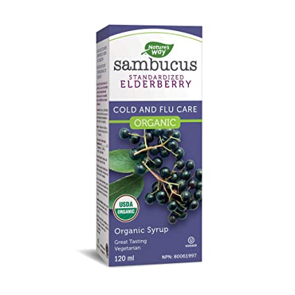 Nature's Way Organic Sambucus Cold and Flu Care, Syrup, 120 ml, Standardized Elderberry Extract, Helps relieve cold and flu symptoms, Vegetarian