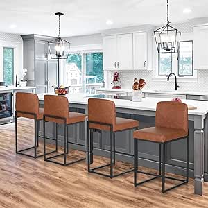 Sophia & William Brown Bar Stools Set of 4, Counter Height 24" Bar Stools with Back, Modern PU Leather Kitchen Bar Chairs