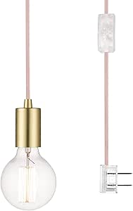 Globe Electric Novogratz x Globe 60605 Emile 1-Light Plug-in Exposed Socket Pendant, 15-ft Pink Cloth Cord, in-Line On Off Rocker Switch, Brass Socket, Bulb Not Included