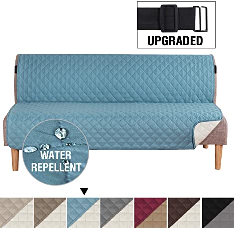 H.VERSAILTEX Reversible Futon Slipcover Seat Width Up to 70" Washable Furniture Protector Water Repellent Futon Cover for Living Room 2" Elastic Strap Anti-Slip Futon Cover for Dogs Smoke Blue/Beige