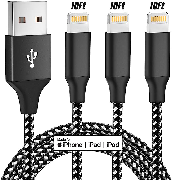 iPhone Charger [Apple MFi Certified] 3Pack 10FT Lightning Cable Fast Charging Cord Nylon Braided Compatible with iPhone 14 13 12 11 X Xs 8 7 6 6s Pro Pro Max Plus Mini and More - (Black)