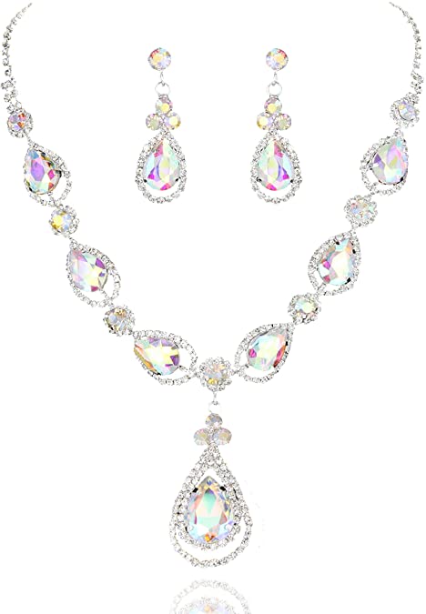 SP Sophia Collection Women's Elegant Crystal Teardrop Fashion Statement Necklace and Stud Post Dangle Earring Set
