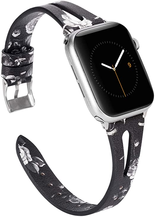 Wearlizer Black White Floral Womens Leather Compatible with Apple Watch Bands 38mm 40mm for iWatch Triangle Hole Strap Wristband Replacement Distinctive Dressy Bracelet (Silver Clasp) Series 5 4 3 2 1