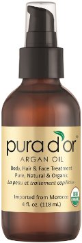 PURA DOR Moroccan Argan Oil 100 Pure and USDA Organic For Face Hair Skin and Nails 4 Fluid Ounce