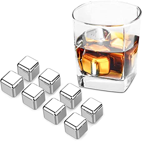 Guay Bebida Stainless Steel Chilling Ice Cubes with Pouch - Reusable Stone Chillers On the Rocks Cold Drinks for Whiskey, Scotch, Bourbon, Soda, Beer - Silver - Set of 8