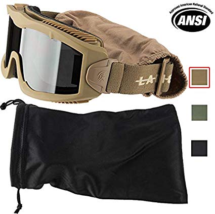 Lancer Tactical AERO 3mm Thick Dual Pane Lens Eye Protection Safety Goggle System ANSI Z87 1 Rated Industry Standard Panel Ventilated w/Anti-Scratch Shield Fully Adjustable (Tan/Smoke)