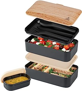 Restaurantware Bento Tek 41 oz Wood Grain & Black Buddha Box All-in-One Lunch Box - with Utensils, Sauce Cup - 7 1/4" x 4 1/4" x 4" - 1 count box