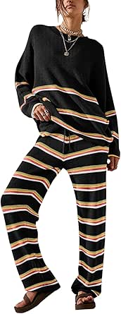 EVALESS 2 Piece Outfits for Women 2024 Striped Knit Sweater Sets Matching Loungewear Set