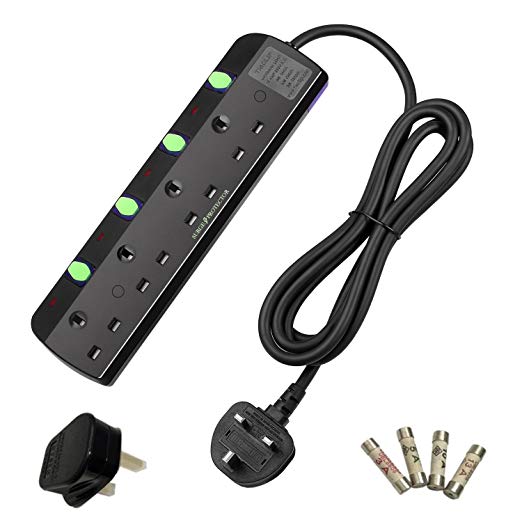 TISDLIP Switched Extension Lead 4 Gang 2M Black Surge Protected Power Strips
