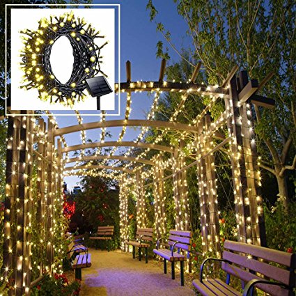 Solar LED String Lights Outdoor, Warm White Christmas Lights, 200 LEDS 8 Modes 72ft with Dusk to Down Sensor for Xmas tree Wedding Party Holiday Decorations