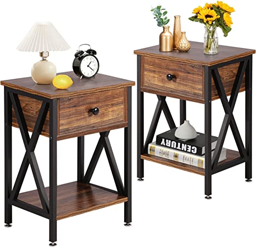 VECELO End Tables,Modern Night Stand with Drawer& Shelf, Set of 2 Nightstands for Bedroom Living Room Office,Industrial Style, 2 PCS, Vintage Brown