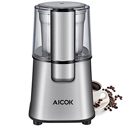 Aicok Electric Coffee Grinder Fast and Fine Fineness Coffee Blade Grinder with Removal Coffee Powder Bowl, Spice Grinder for Coffee Beans, Spices, Nut and Grains, 60g, 200W, Stainless Steel