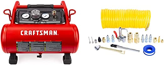 Craftsman Air Compressor, 3 Gallon 1.5 HP Max 155 Psi Pressure Oil-Free Portable & 20-pc Air Accessory Kit (CMXZTSG1139NB)