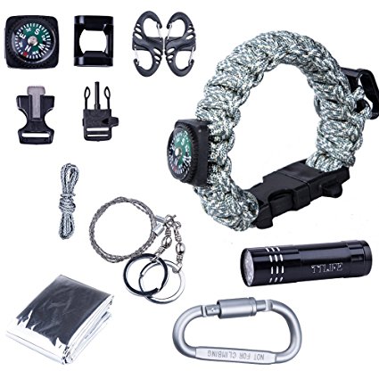 TTLIFE Ultimate 13-pieces Survival Kit including Paracord Bracelet (with Bottle Opener,Compass,Fire Starter,Whistle), LED Flashlight, Emergency Blanket, Carabiner,Wire Saw - BEST Survival Gear