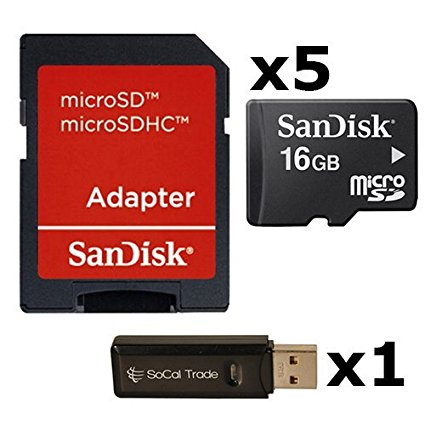 5 PACK - SanDisk 16GB MicroSD HC Memory Card SDSDQAB-016G (Bulk Packaging) LOT OF 5 with SD Adapter and SoCal Trade USB 2.0 MicoSD & SD Memory Card Reader