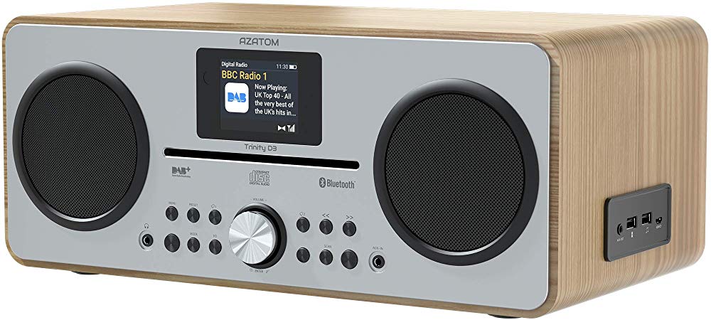 AZATOM Trinity DAB/DAB  CD player - FM Radio - Bluetooth - Stereo Speaker System - Clock - USB charger - USB player - Premium Sound (Oak)