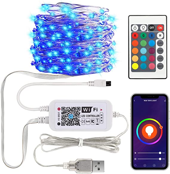 MoKo Smart RGB Fairy String Light Work with Alexa Google Home, 32.8ft 100LED 2.4GHz WiFi App Control Waterproof Music Sync String Light for Room TV Kitchen Home Party Christmas Indoor Outdoor Decor