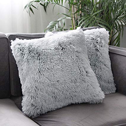 Uhomy 2 Packs Home Decorative Luxury Series Super Soft Faux Fur Throw Pillow Cover Cushion Case for Sofa or Bed Gray Ombre 18x18 Inch 45x45 cm